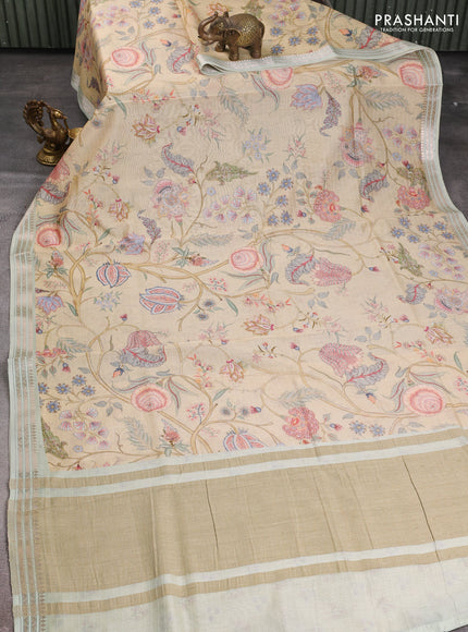 Mul chanderi saree sandal and pastel green with allover floral digital prints and zari woven border