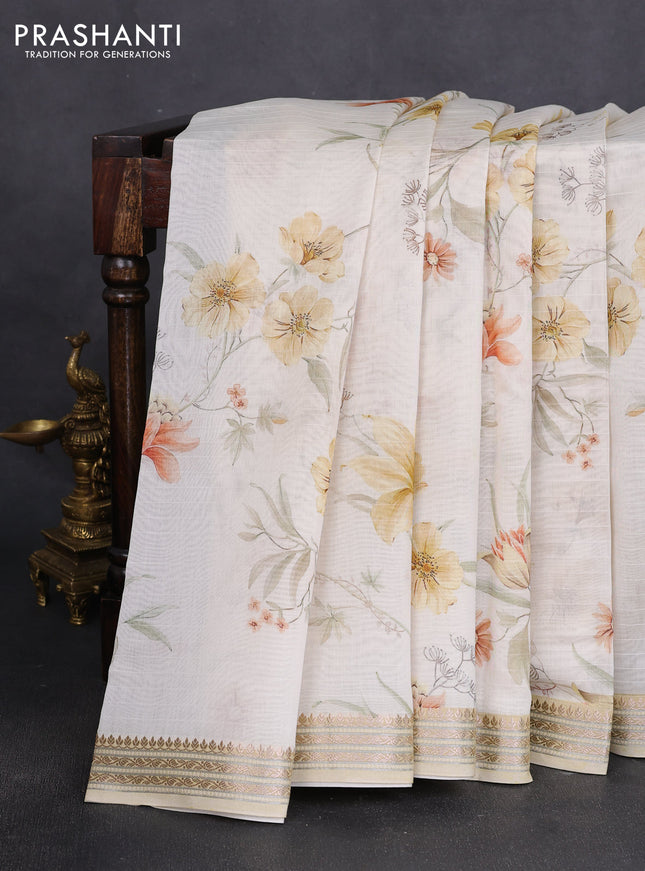 Mul chanderi saree off white and sandal with allover floral digital prints and zari woven border
