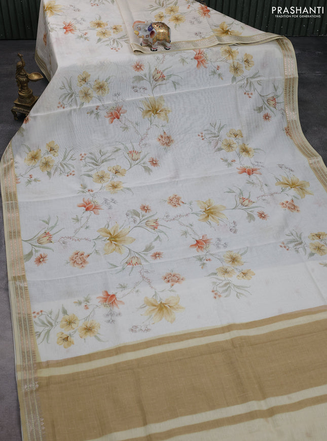 Mul chanderi saree off white and sandal with allover floral digital prints and zari woven border