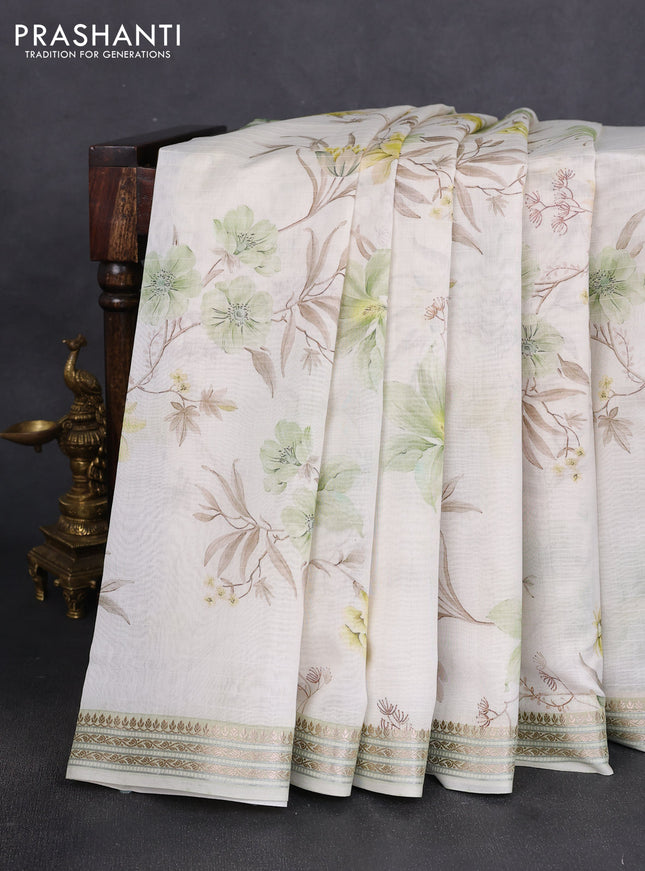 Mul chanderi saree off white and pastel green with allover floral digital prints and zari woven border