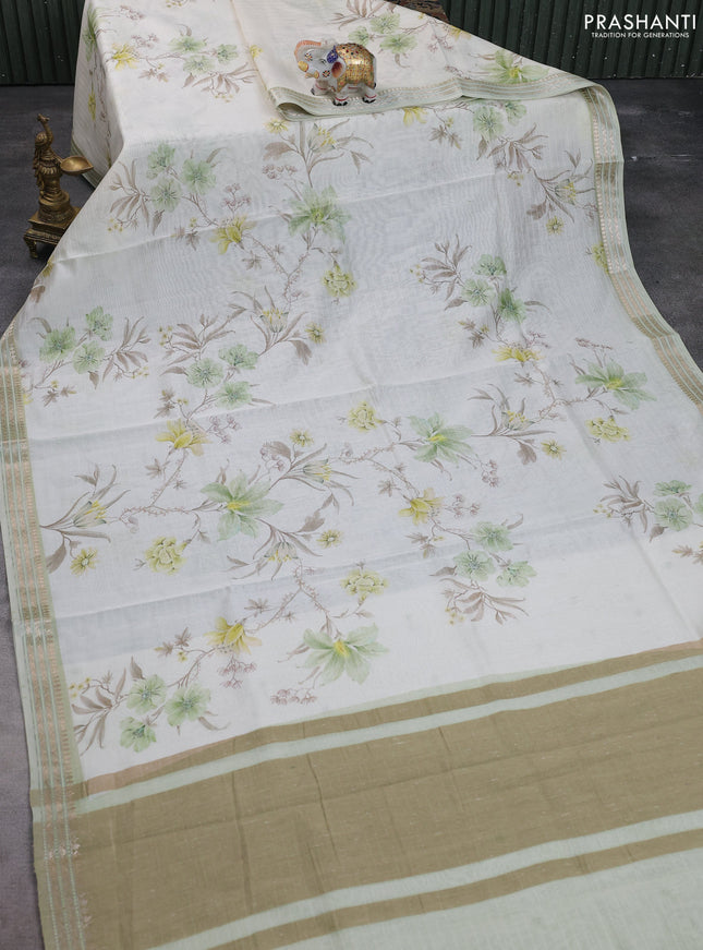 Mul chanderi saree off white and pastel green with allover floral digital prints and zari woven border