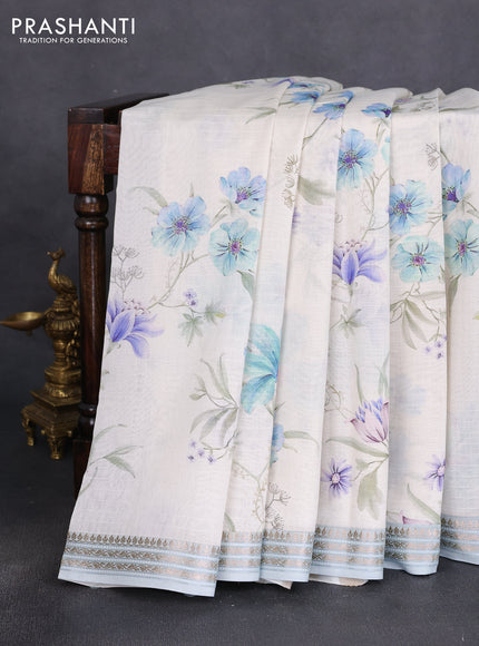 Mul chanderi saree off white and pastel blue with allover floral digital prints and zari woven border