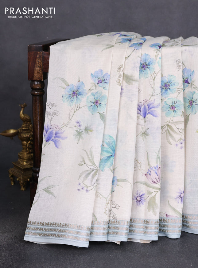 Mul chanderi saree off white and pastel blue with allover floral digital prints and zari woven border
