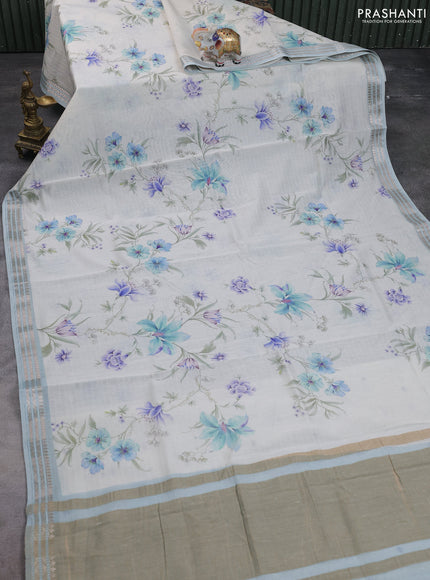 Mul chanderi saree off white and pastel blue with allover floral digital prints and zari woven border