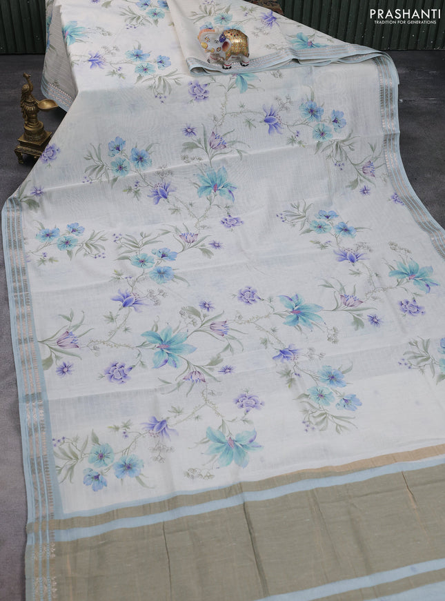 Mul chanderi saree off white and pastel blue with allover floral digital prints and zari woven border