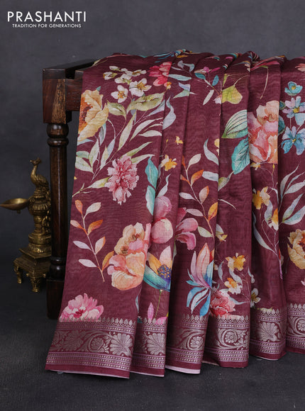 Mul chanderi saree wine shade with allover floral digital prints and zari woven border