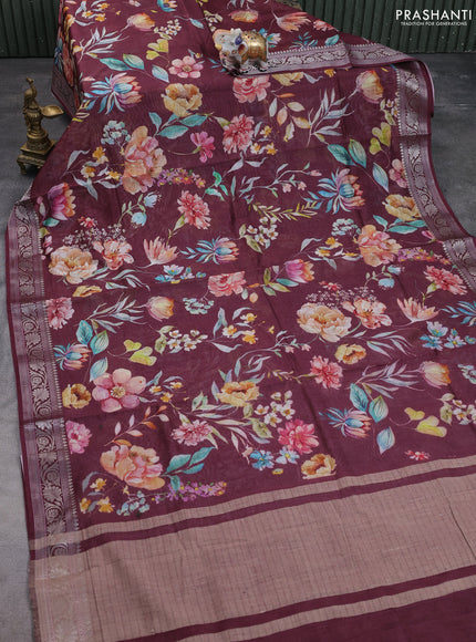 Mul chanderi saree wine shade with allover floral digital prints and zari woven border