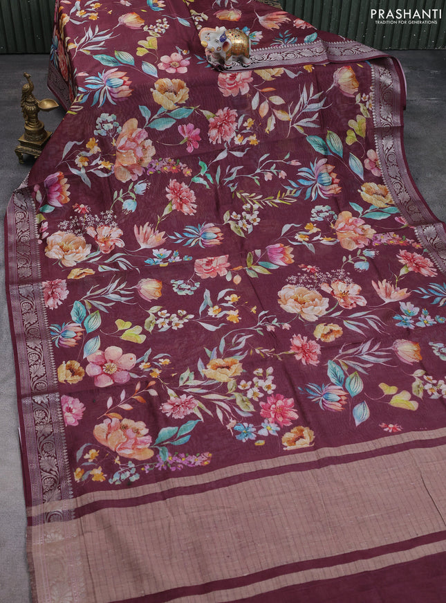 Mul chanderi saree wine shade with allover floral digital prints and zari woven border