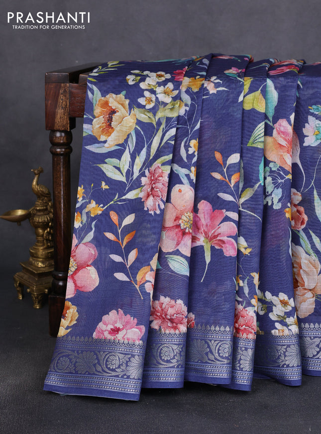 Mul chanderi saree navy blue with allover floral digital prints and zari woven border