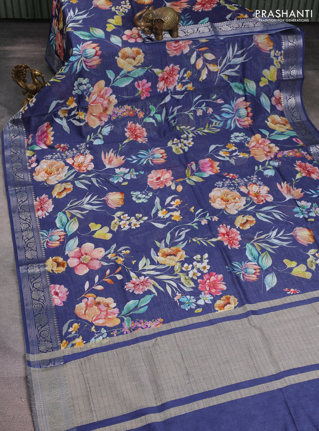 Mul chanderi saree navy blue with allover floral digital prints and zari woven border