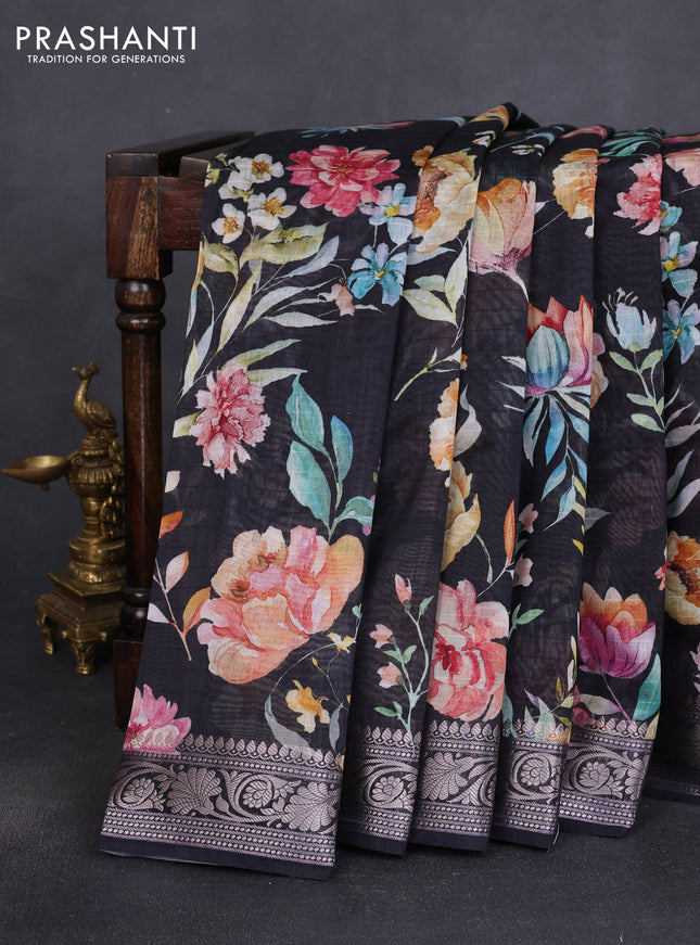 Mul chanderi saree black with allover floral digital prints and zari woven border