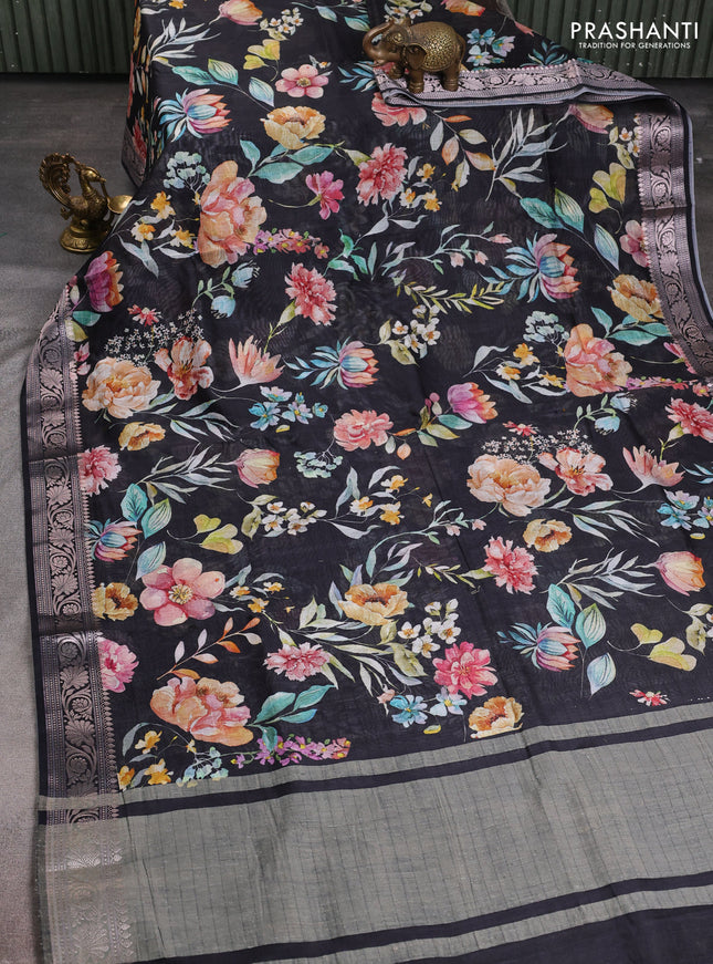Mul chanderi saree black with allover floral digital prints and zari woven border
