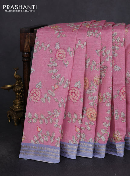 Mul chanderi saree pastel pink and blue with allover floral digital prints and zari woven border