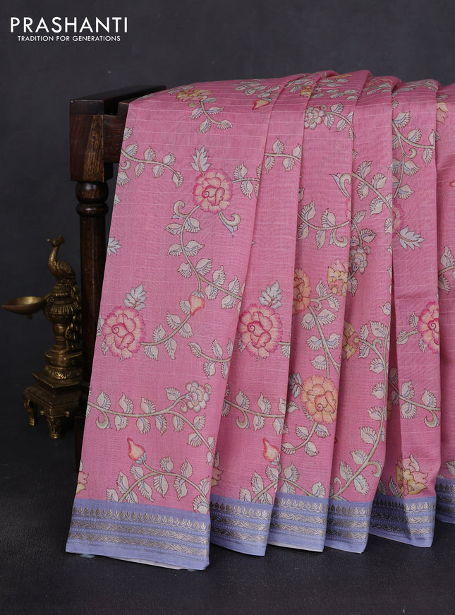 Mul chanderi saree pastel pink and blue with allover floral digital prints and zari woven border