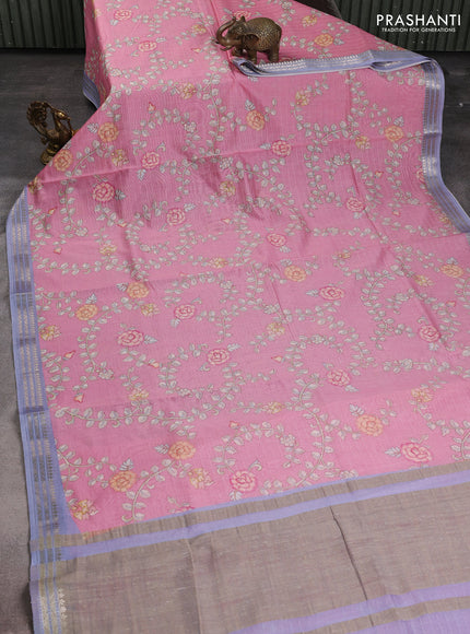 Mul chanderi saree pastel pink and blue with allover floral digital prints and zari woven border