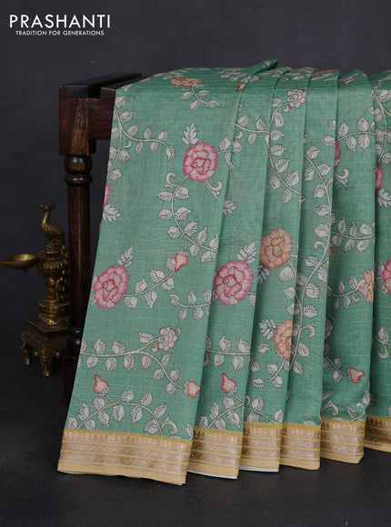 Mul chanderi saree teal green and sandal with allover floral digital prints and zari woven border