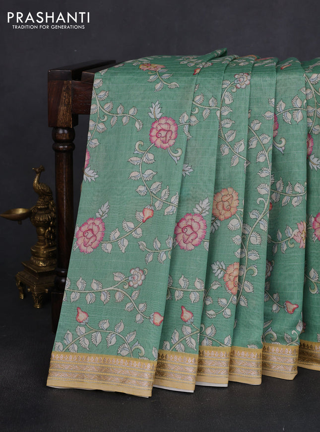 Mul chanderi saree teal green and sandal with allover floral digital prints and zari woven border