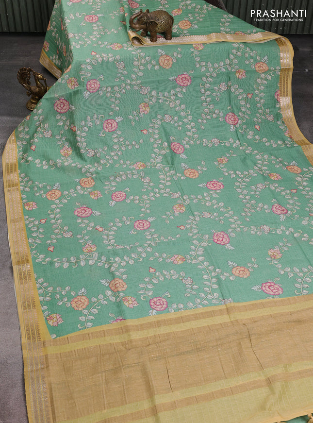 Mul chanderi saree teal green and sandal with allover floral digital prints and zari woven border