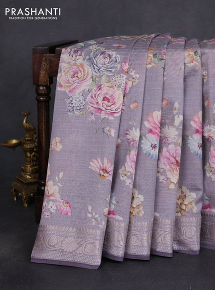 Mul chanderi saree pastel grey with allover floral digital prints and zari woven border