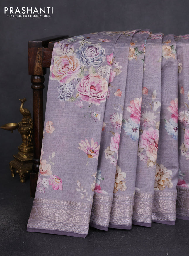 Mul chanderi saree pastel grey with allover floral digital prints and zari woven border