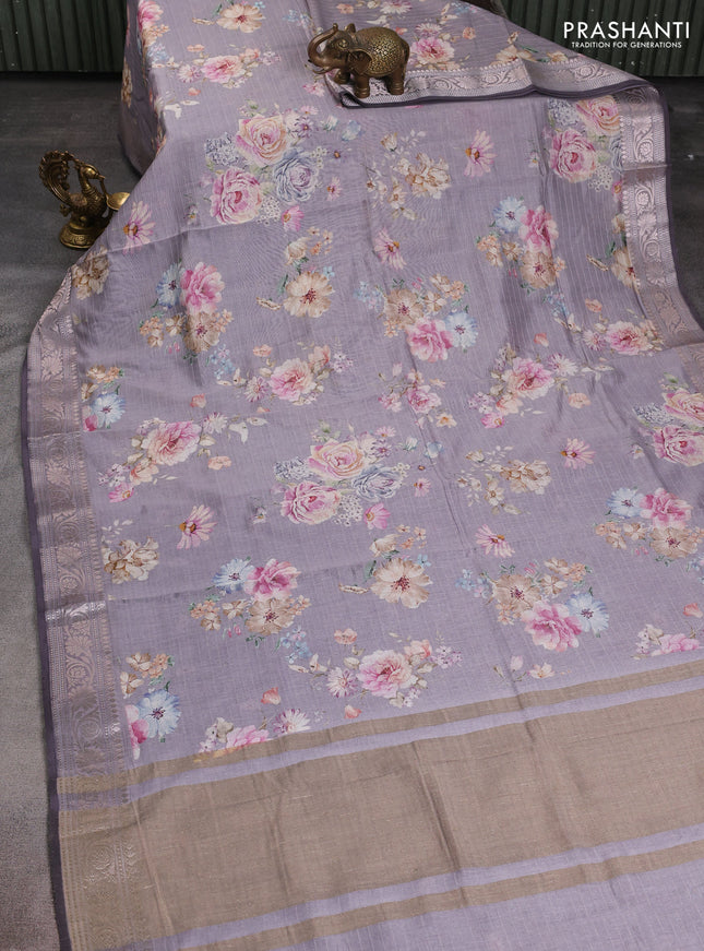 Mul chanderi saree pastel grey with allover floral digital prints and zari woven border