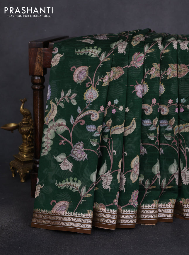 Mul chanderi saree bottle green and brown with allover floral digital prints and zari woven border