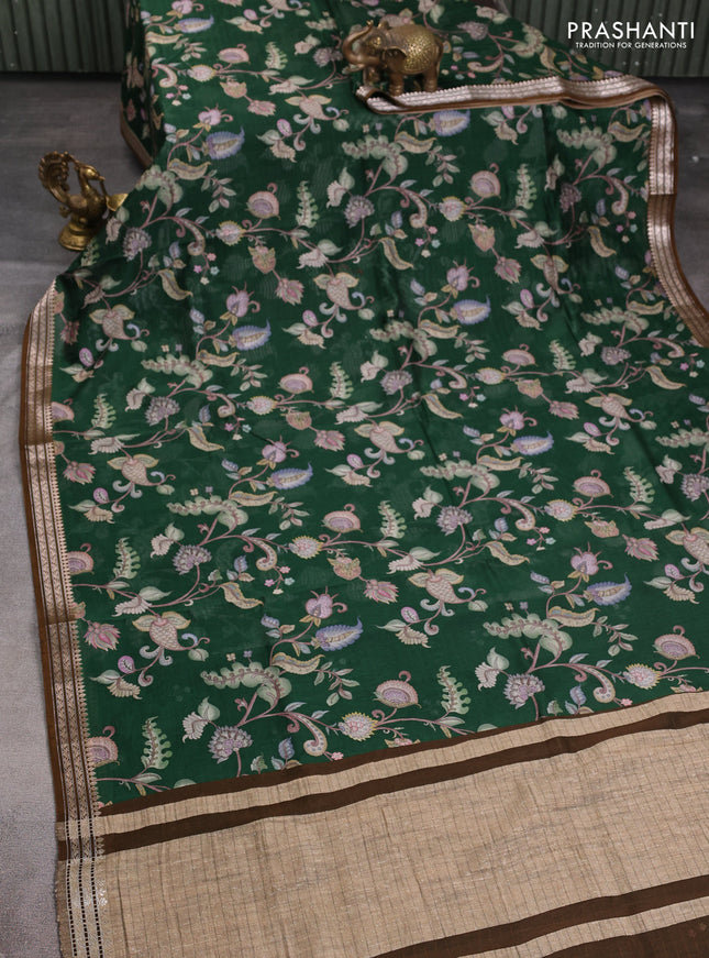 Mul chanderi saree bottle green and brown with allover floral digital prints and zari woven border
