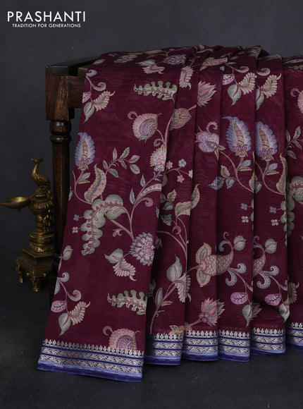 Mul chanderi saree wine shade and navy blue with allover floral digital prints and zari woven border