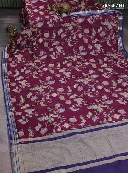Mul chanderi saree wine shade and navy blue with allover floral digital prints and zari woven border