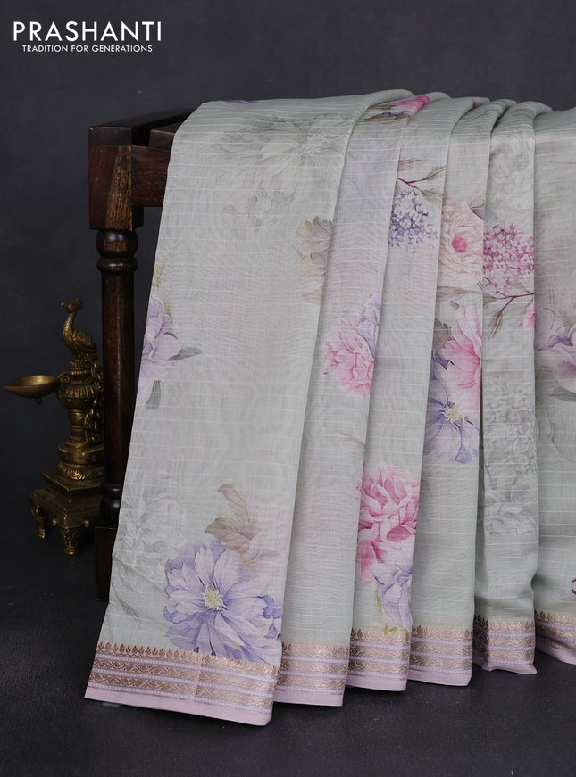 Mul chanderi saree pastel green shade and pastel pink with allover floral digital prints and zari woven border