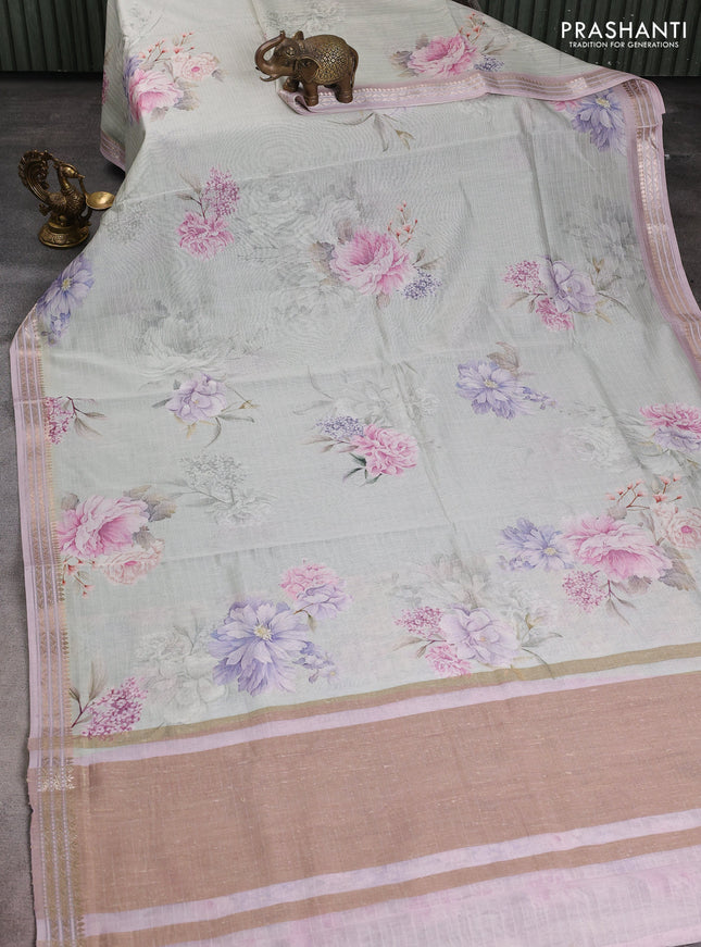 Mul chanderi saree pastel green shade and pastel pink with allover floral digital prints and zari woven border