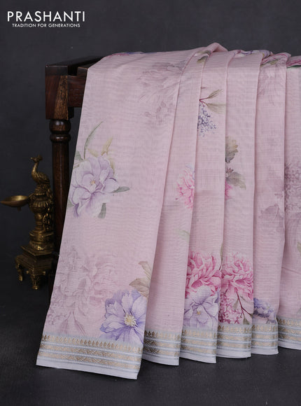 Mul chanderi saree pastel pink and pastel grey with allover floral digital prints and zari woven border