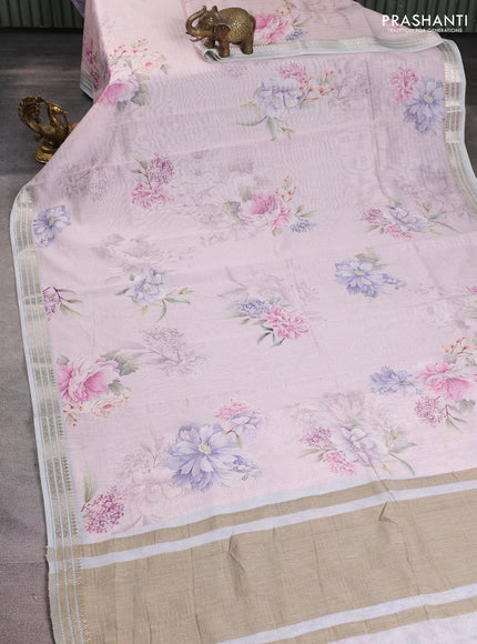 Mul chanderi saree pastel pink and pastel grey with allover floral digital prints and zari woven border