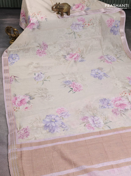Mul chanderi saree cream and mild lavender with allover floral digital prints and zari woven border
