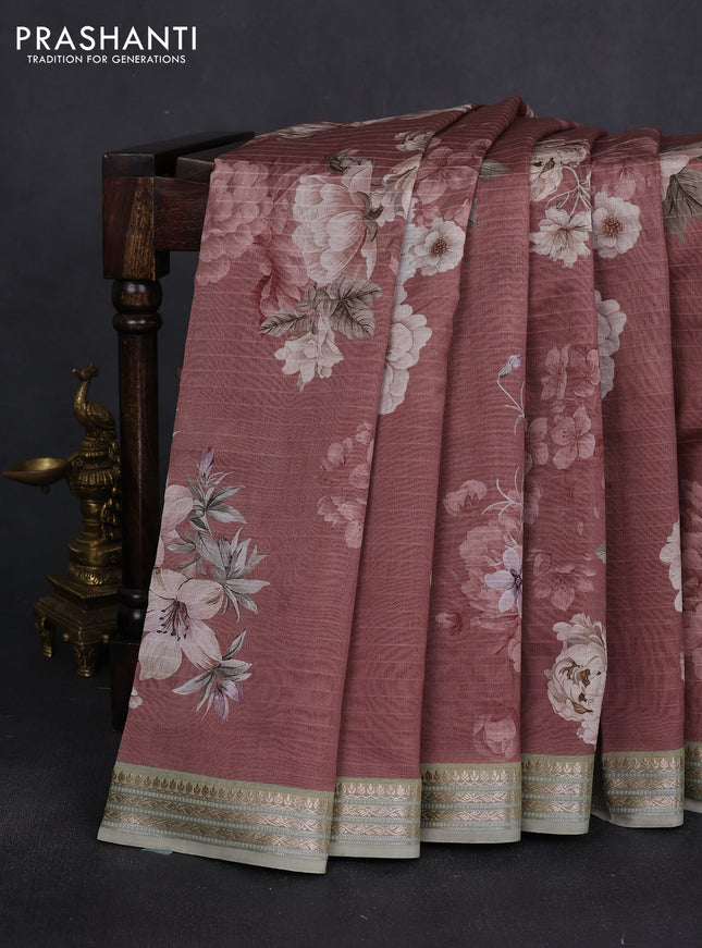 Mul chanderi saree rosy brown and pastel green with allover floral digital prints and zari woven border