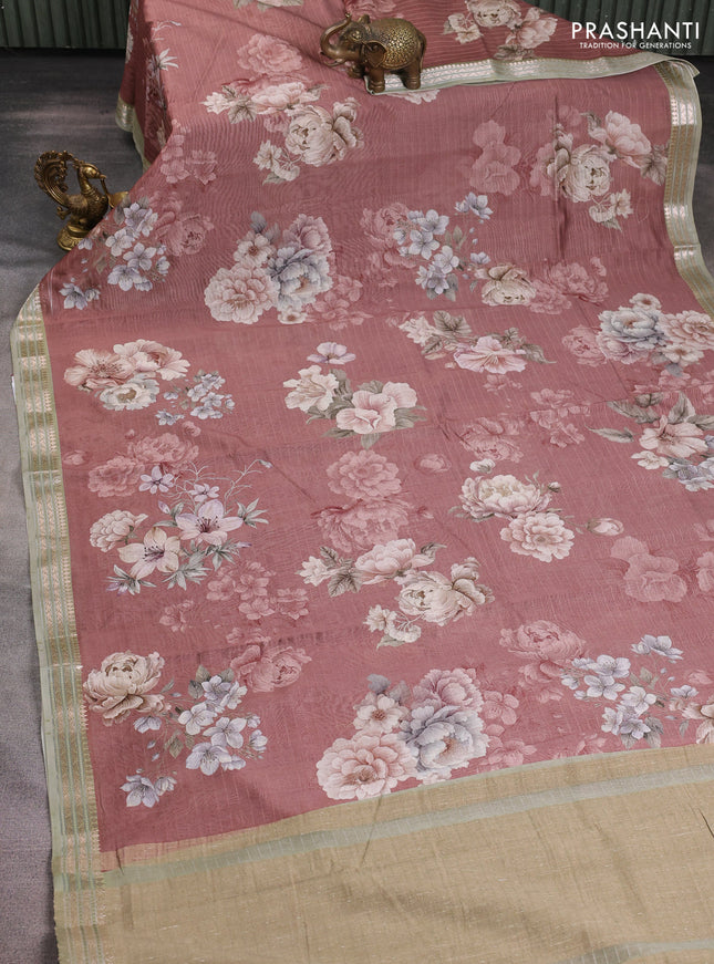 Mul chanderi saree rosy brown and pastel green with allover floral digital prints and zari woven border