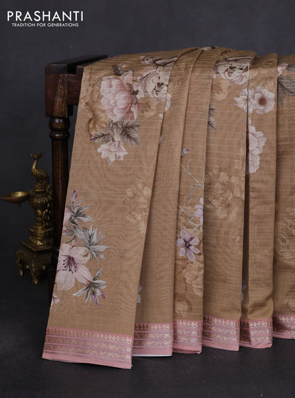Mul chanderi saree dark sandal and pastel peach with allover floral digital prints and zari woven border