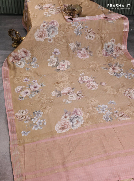 Mul chanderi saree dark sandal and pastel peach with allover floral digital prints and zari woven border