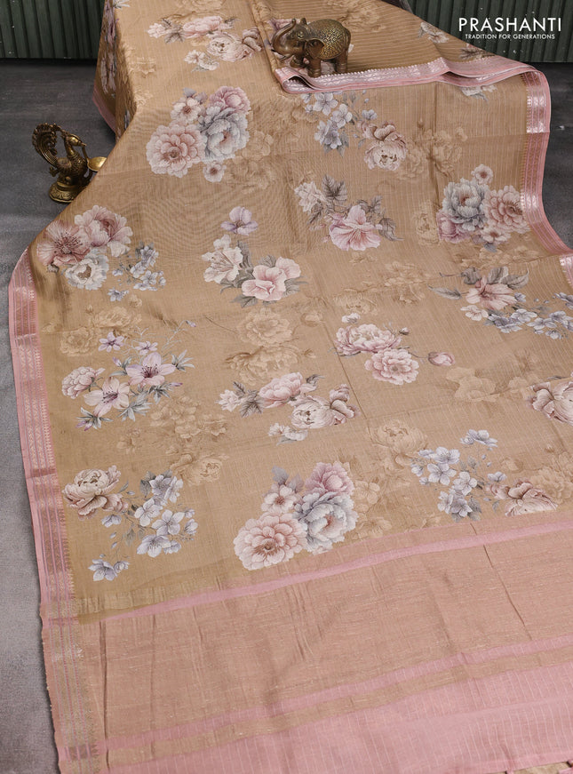 Mul chanderi saree dark sandal and pastel peach with allover floral digital prints and zari woven border