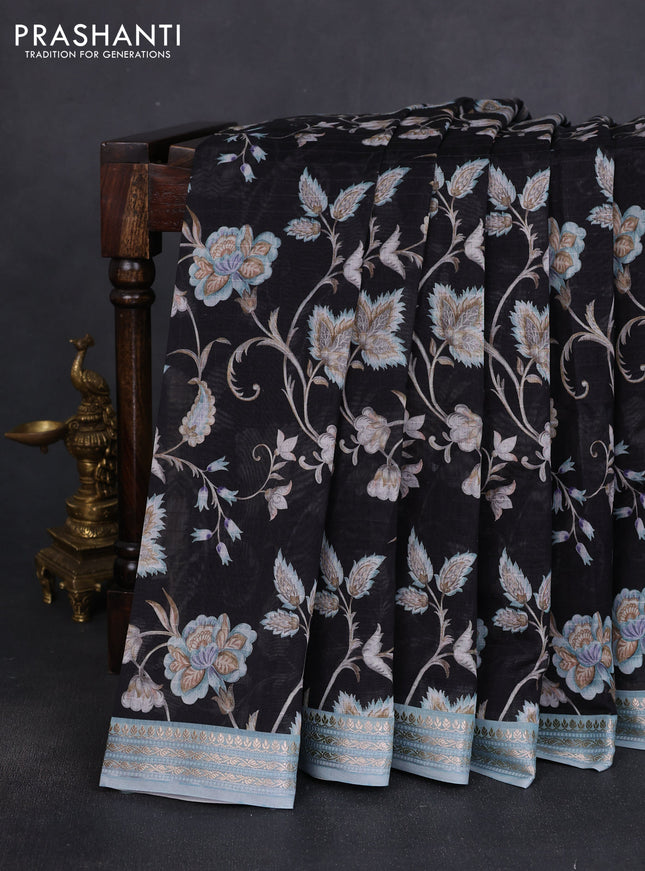 Mul chanderi saree black and pastel blue with allover digital prints and zari woven border