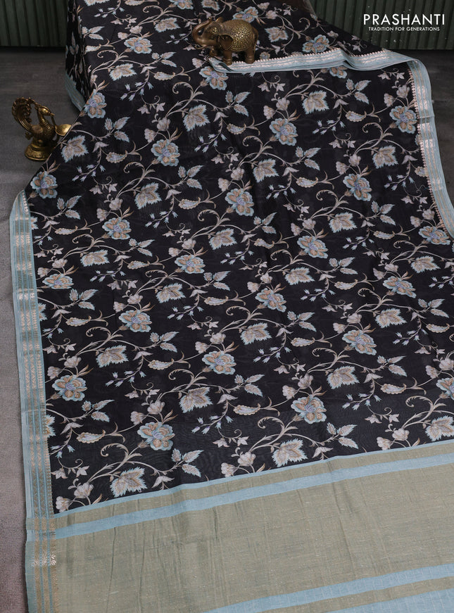 Mul chanderi saree black and pastel blue with allover digital prints and zari woven border