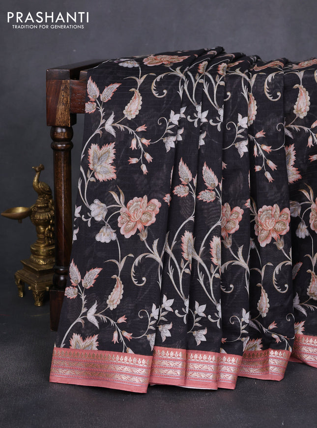 Mul chanderi saree black and pastel peach with allover digital prints and zari woven border