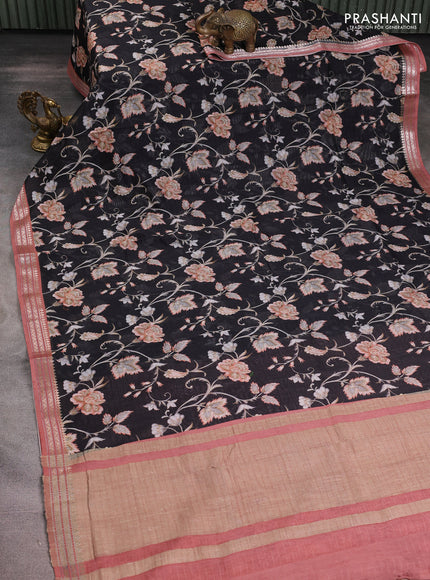 Mul chanderi saree black and pastel peach with allover digital prints and zari woven border