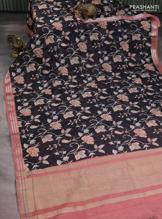 Mul chanderi saree black and pastel peach with allover digital prints and zari woven border