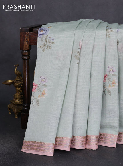 Mul chanderi saree pastel green and pastel pink with allover floral digital prints and zari woven border