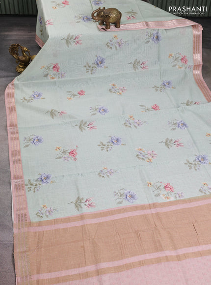 Mul chanderi saree pastel green and pastel pink with allover floral digital prints and zari woven border