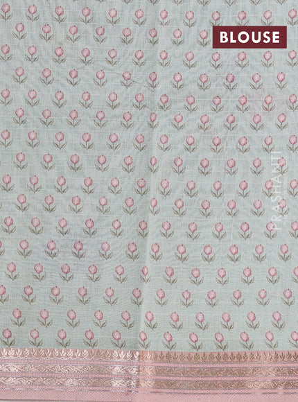 Mul chanderi saree pastel green and pastel pink with allover floral digital prints and zari woven border