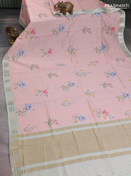 Mul chanderi saree pastel pink and pastel gren with allover floral digital prints and zari woven border