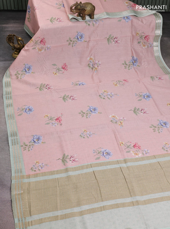Mul chanderi saree pastel pink and pastel gren with allover floral digital prints and zari woven border