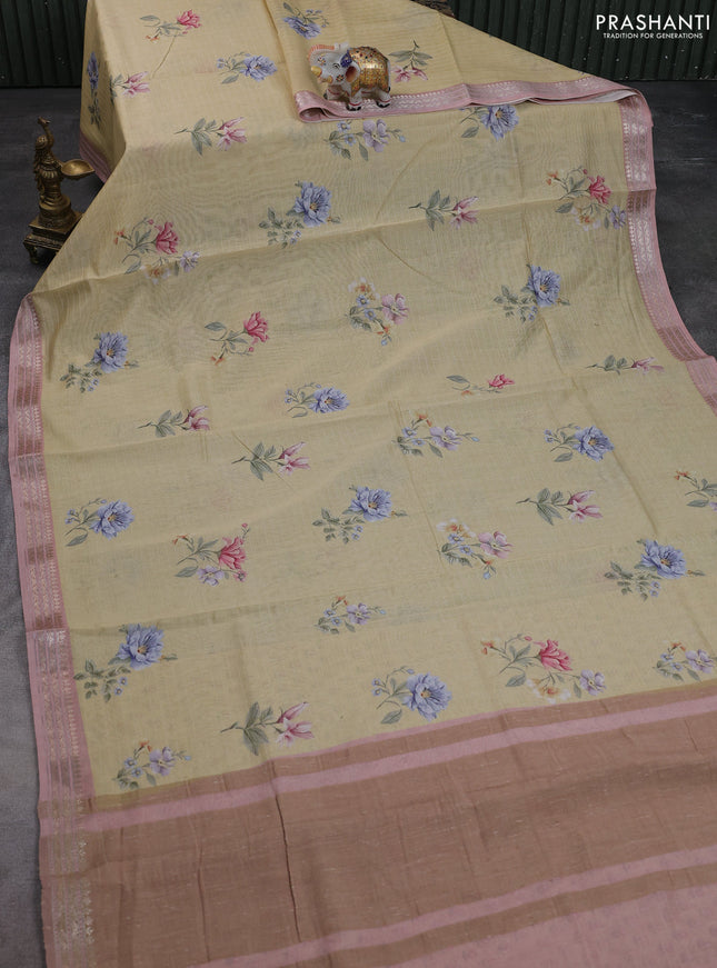 Mul chanderi saree sandal and pastel pink with allover floral digital prints and zari woven border